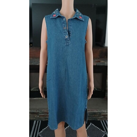 Women's Large Denim Dress Cotton Embroidered Lightweight Summer Spring Beachy - Picture 5 of 11